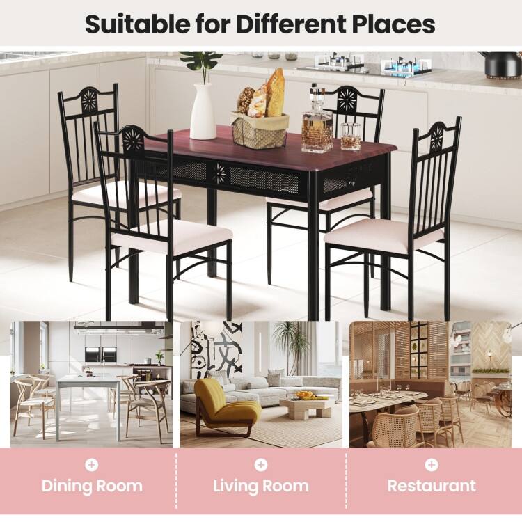 5 pcs Dining Set Wood Metal Table and 4 Chairs with Cushions