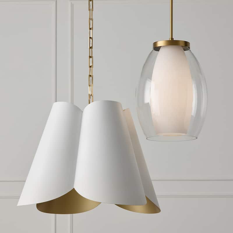 13" W x 18" H 1-Light Pendant in Aged Brass with Layered White and Clear Glass - 13"W x 18"H