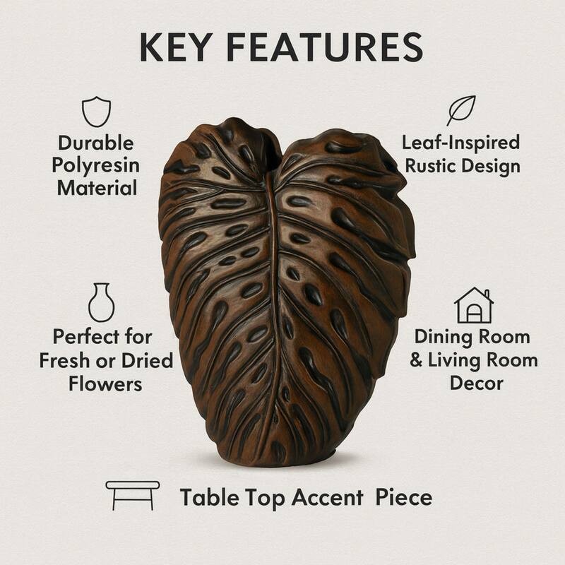 Philo Leaf Brown Textured Polyresin Vase with Botanical Design Accents