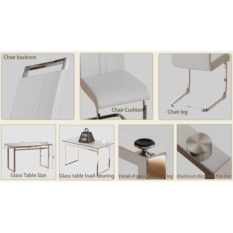 Modern 5-Piece Dining Set with Rectangular Glass Table & High Back Silver-Plated Legs Dining Armless Chairs