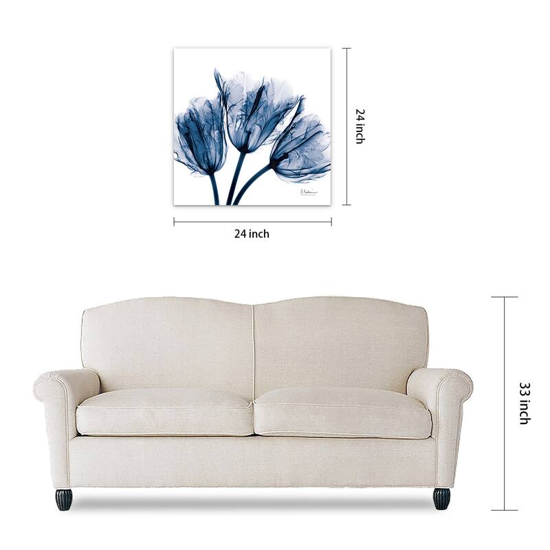 "Blue Tulip x-ray" Flower Wall Art on Frameless Free Floating Tempered Glass Panel