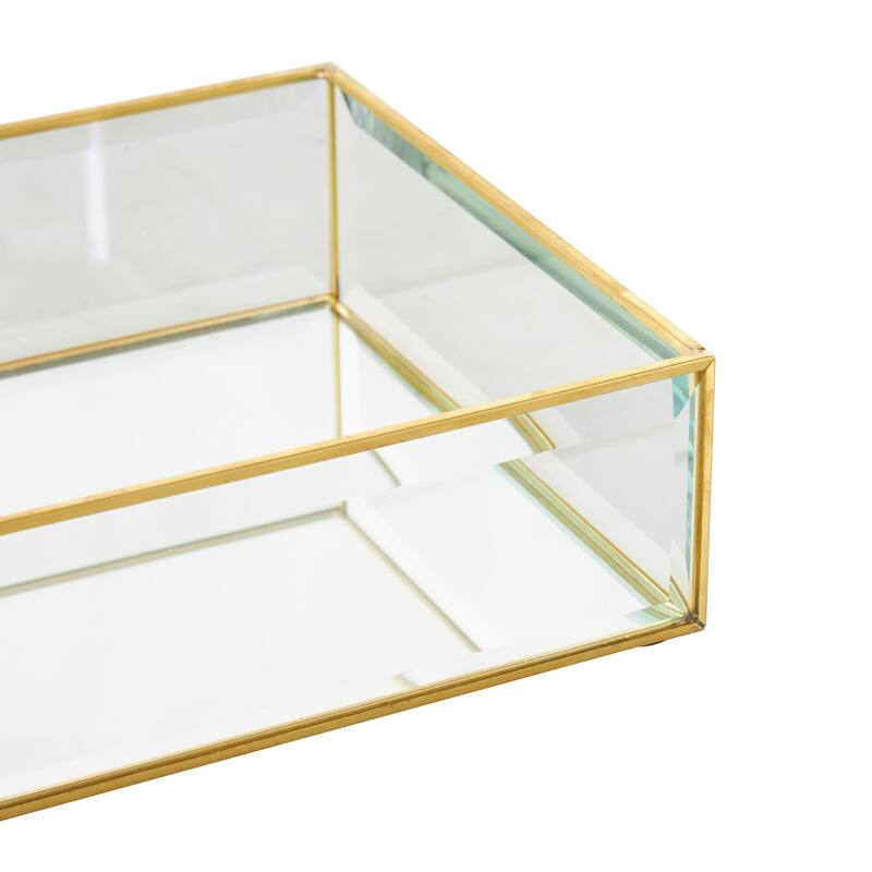 Clear Glass Beveled Decorative Jewelry Box with Gold Metal Frame (Set of 2)
