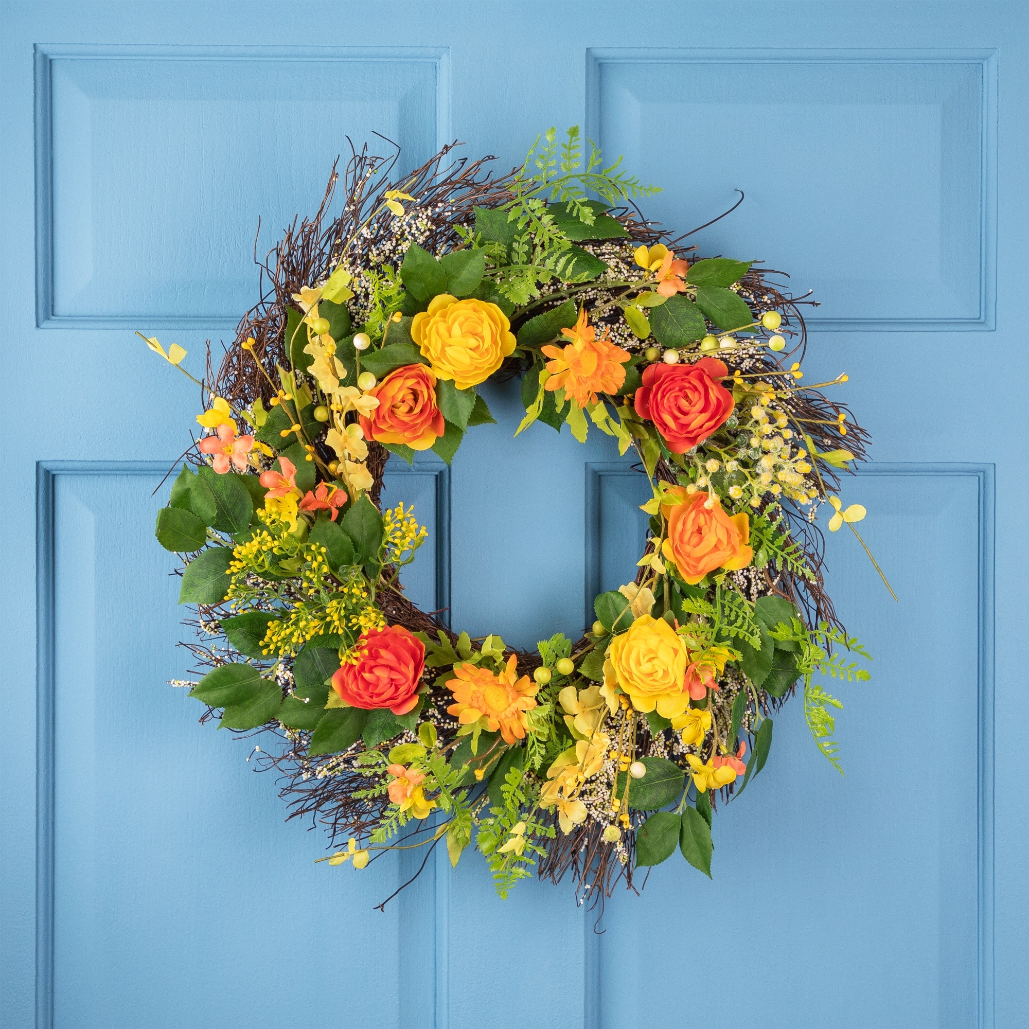 Ranunculus and Rose Floral Spring Wreath, Orange and Yellow 20"