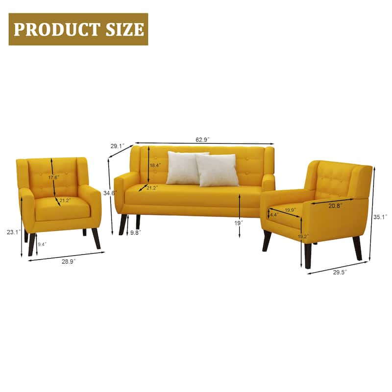 Tufted Linen/Cotton Loveseat with 2 Accent Chairs