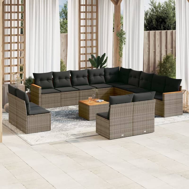 vidaXL Patio Sofa Set with Cushions Outdoor Conversation Furniture Poly Rattan - 24.4 x 24.4 x 27.2 in - Gray with table