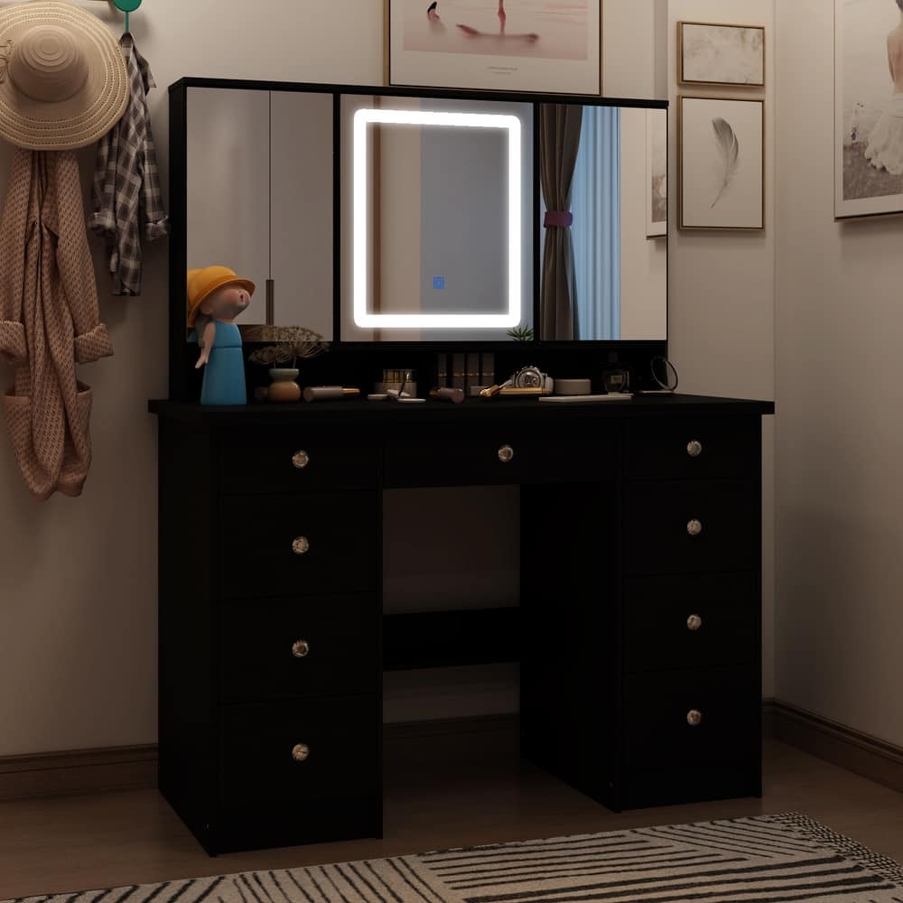 Spacious Vanity Desk with Mirrored Storage Cabinets - A Beauty Oasis