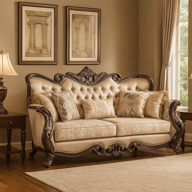 Cona 95 Inch Sofa, Classic Gold Carved Details, Brown, Button Tufted Beige