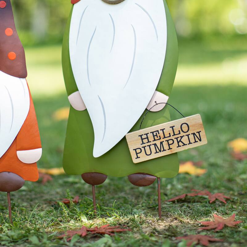 Glitzhome Set of 3 Fall Metal Gnome Family Yard Stake Standing Sign Hanging Decor for Thanksgiving