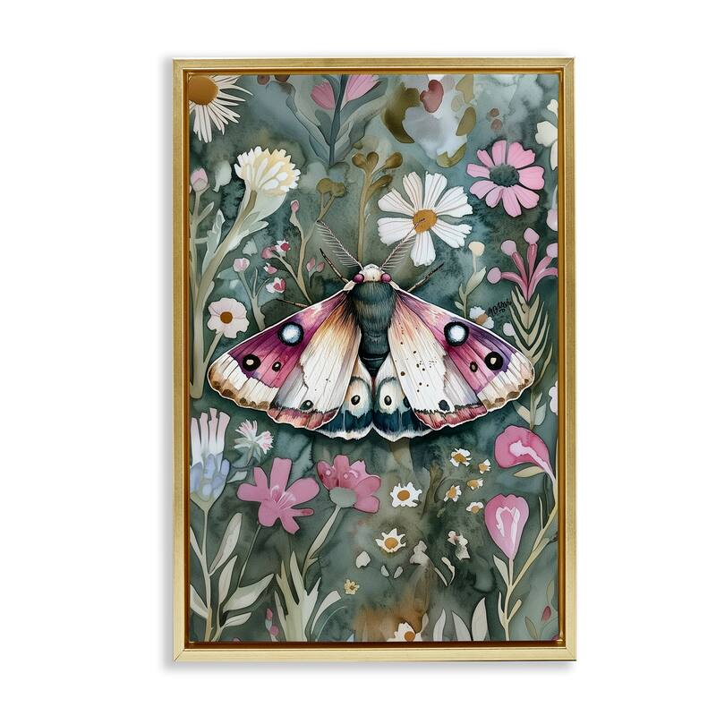 Stupell Beautiful Moth over Florals Framed Floater Canvas Wall Art Design By The Dutch Lady - 21 x 31 - Gold