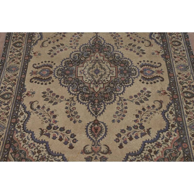 Tabriz Persian Vintage Rug Hand-Knotted Traditional Beige Wool Carpet - 7'8" x 11'2"