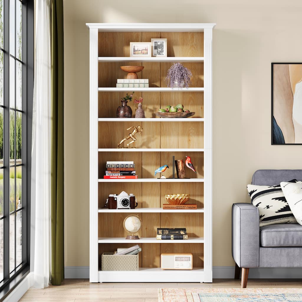 8-Tier Tall Bookcase, Freestanding Bookshelf with Adjustable, Shelves for Living Room, Bedroom, Home Office, White & Oak