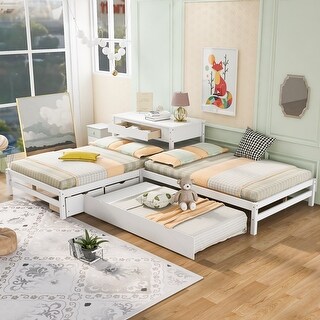 3 Beds in 1 Full Platform Beds with Trundle Linked with Built-in Table