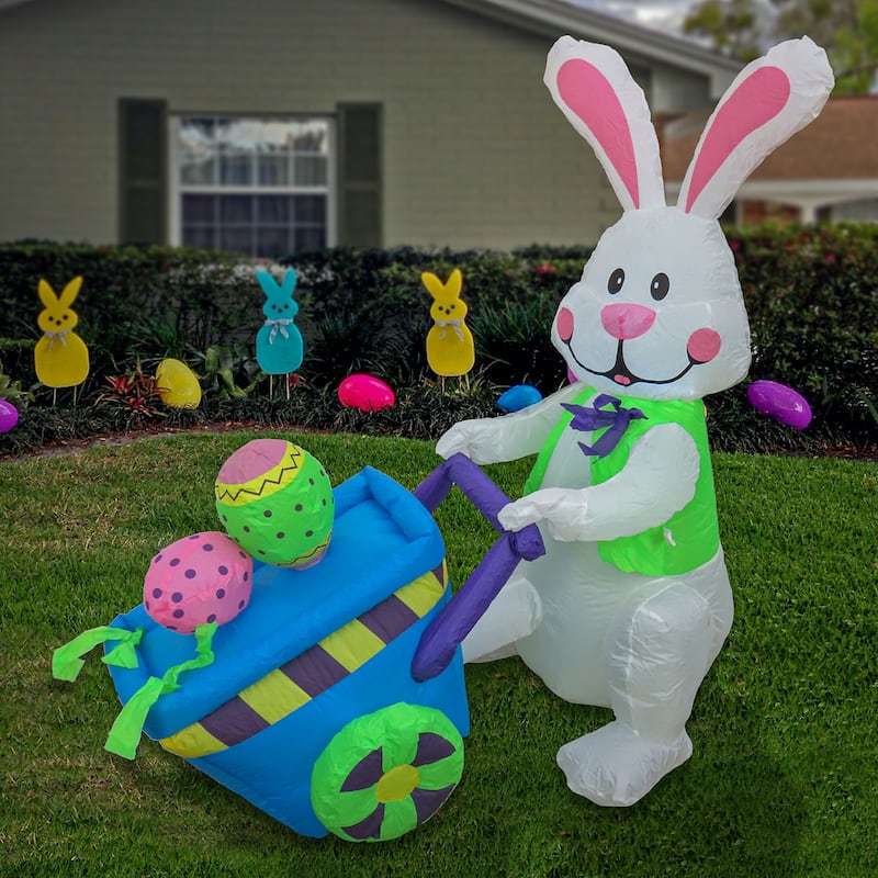 National Tree Company 48 in. Inflatable Easter Bunny with Wheelbarrow - 4 ft