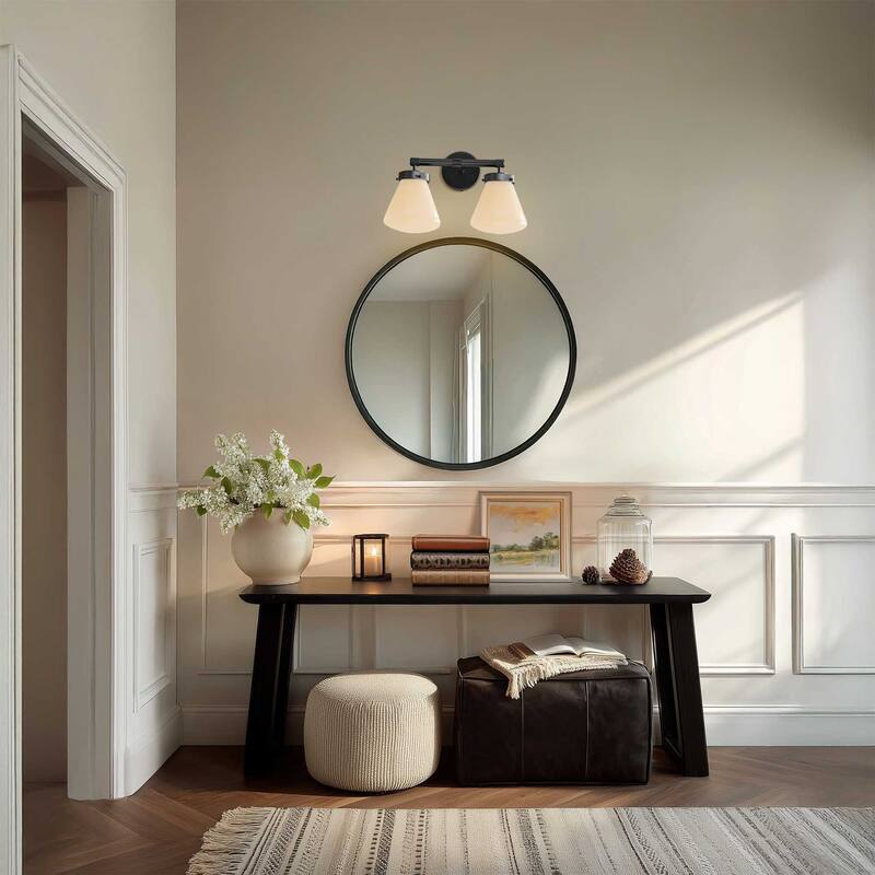 Modern Dual-Arm Wall Sconce - Metal, Glass & Matte Black, Ivory White Wall Sconce for Bathroom or Bedroom in Modern Style