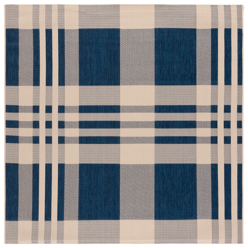 SAFAVIEH Courtyard Oriole Plaid Indoor/ Outdoor Waterproof Patio Backyard. - 2'7" Square - Navy/Beige