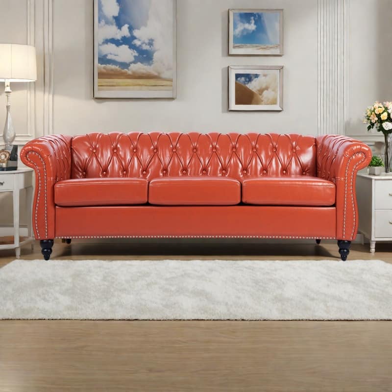 84.65" PU Leather Chesterfield Sofa with Rolled Arms (3-Seater) - Orange