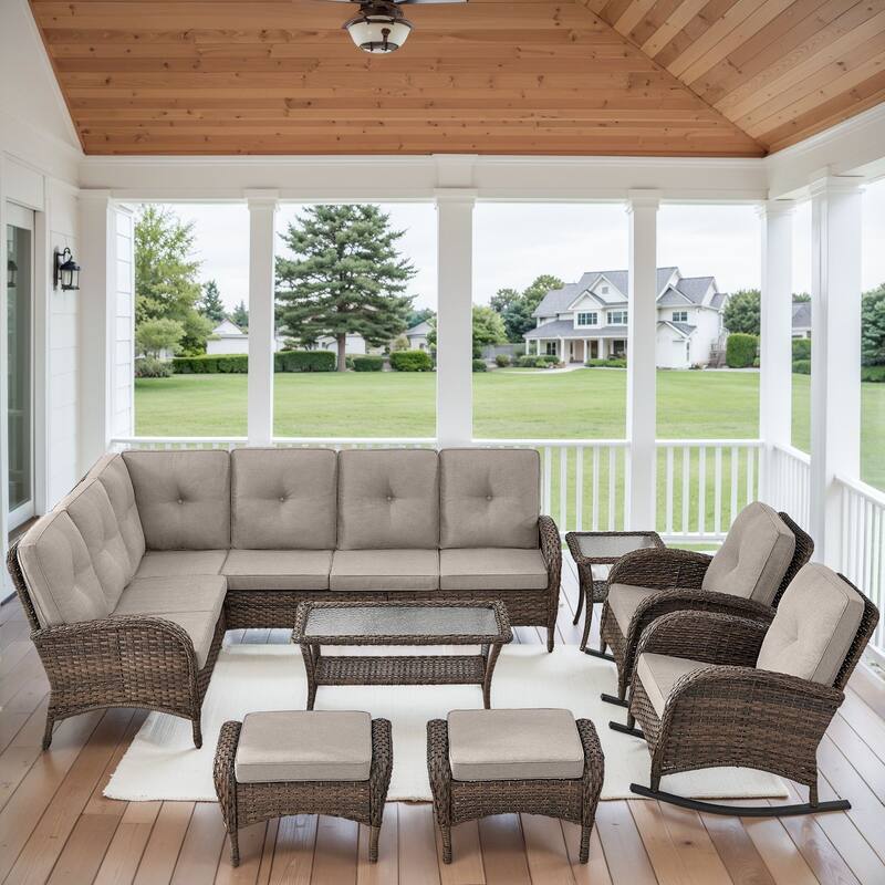 Outdoor Sectional Sofa Rocker Chair Table Ottomans - Brown - Beige