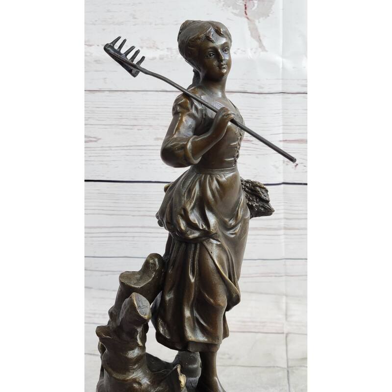 Peasant Farmer Girl W/ Rake Harvest Bronze Statue Sculpture Figure Desmure 12 Inches X 6 Inches