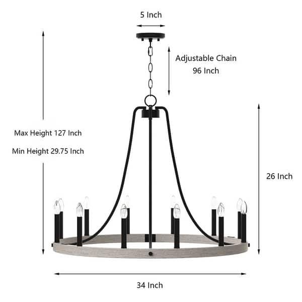 dimension image slide 0 of 3, Acroma 12-light Farmhouse Modern Wagon Wheel Chandelier Candle Dining Room Lighting - 34''