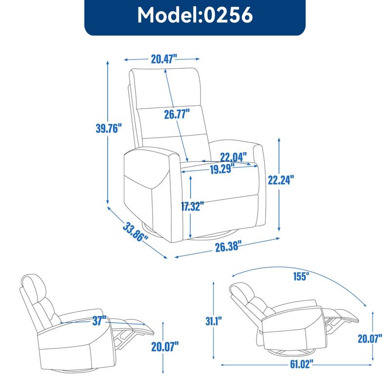 Roomfitters Swivel Rocker Recliner Chair Manual 360 Degree Glider Lounge Sofa Padded Fabric Armchair for Living Room