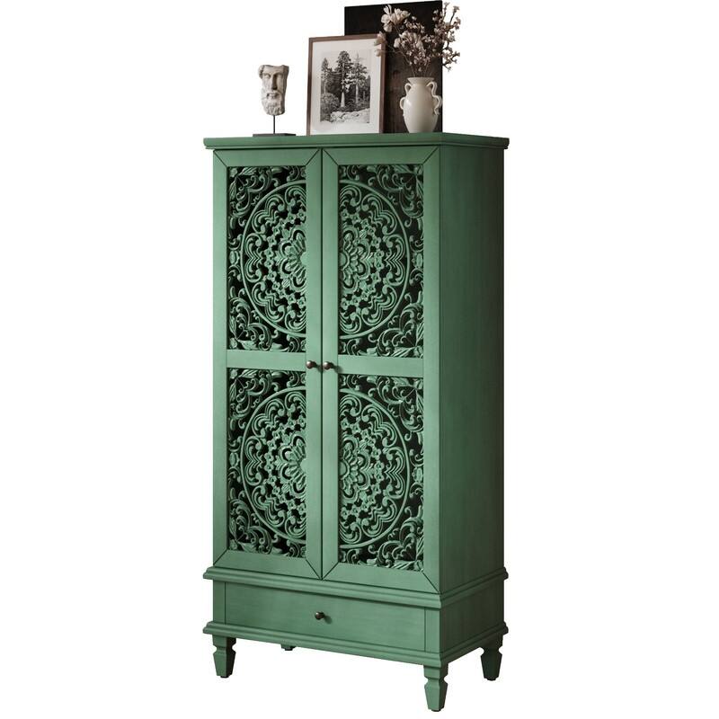 Rustic 55" Tall Storage Cabinet with Drawer, Decorative Carved Wood Accent for Living Room or Dining Area