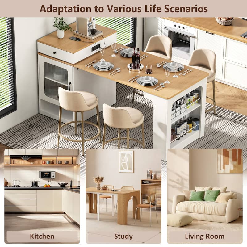 59.5" Kitchen Island with Extendable Dining Table, Kitchen Storage Table with Double-sided Storage, with 2 Drawers