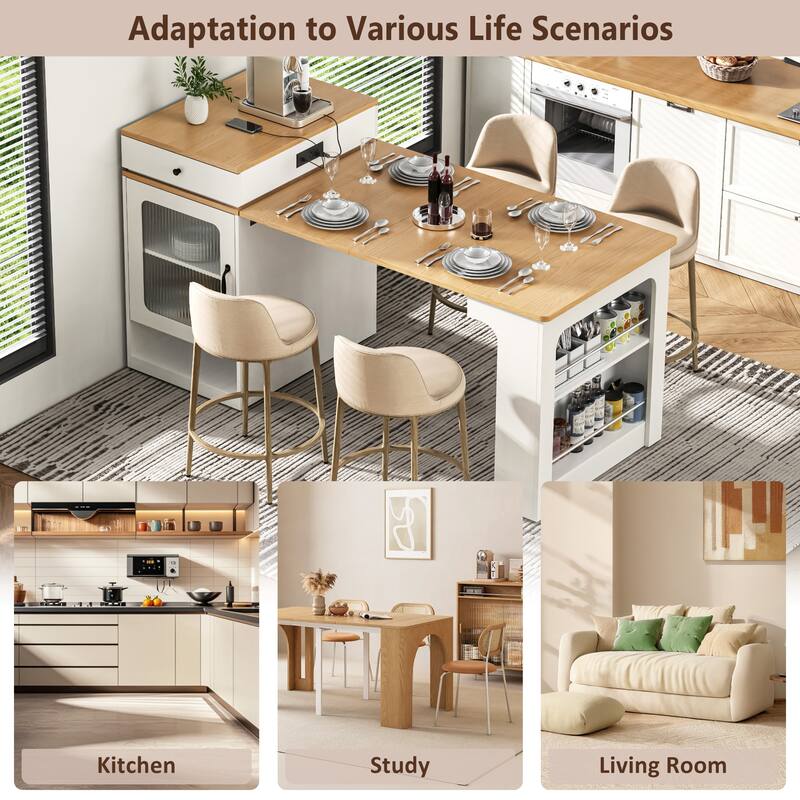 59.5" Kitchen Island with Extendable Dining Table Double-sided Storage and Built-in Power Outlet for Kitchen, Dining Room