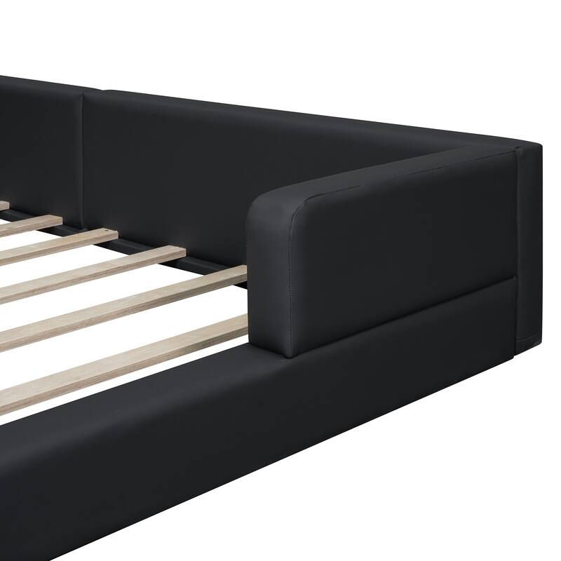 PU Upholstered Grounded Bed, Wood Platform Bed Frame with 2 Reading Lights, Low Profile Panel Bed Button Tufted Headboard
