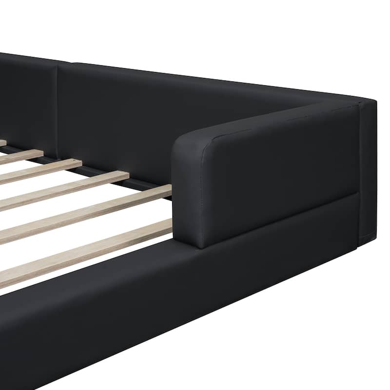 Queen Size Upholstered Platform Bed with 2 Reading Lights, Premium PU Leather Floor Bed Frame with Wooden Slats Support