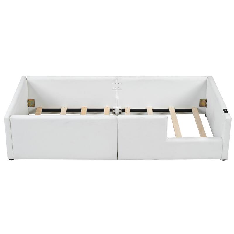 Roomfitters Twin Size Upholstered Floor Bed with USB Charging Ports and High Guardrails, Modern Padded Bed Frame