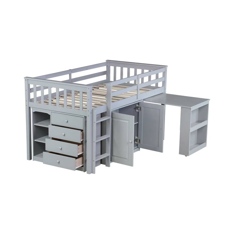 Solid Wood Twin Loft Bed with Drawer, Shelf Cabinet, Pull-Out Study Desk, Safety Guardrail, and Ladder for Kids