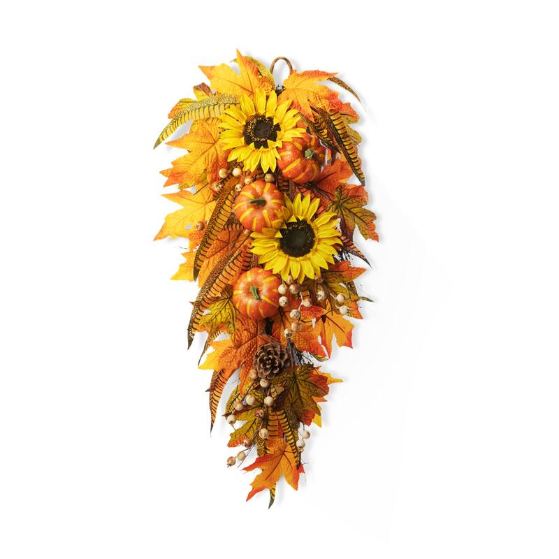 Glitzhome 26"H Fall Sunflower Pumpkin Lotus Leaf Teardrop Swag for Thanksgiving - Sunflower