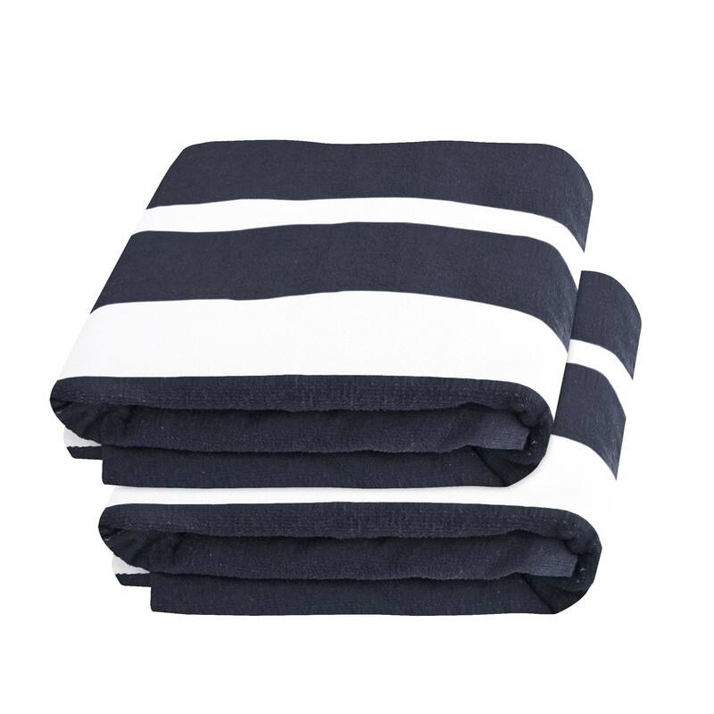 100% Cotton Cabana‑Stripe Lounge Chair Cover Terry Towel with Fitted Pocket & Back Flap Set of 2