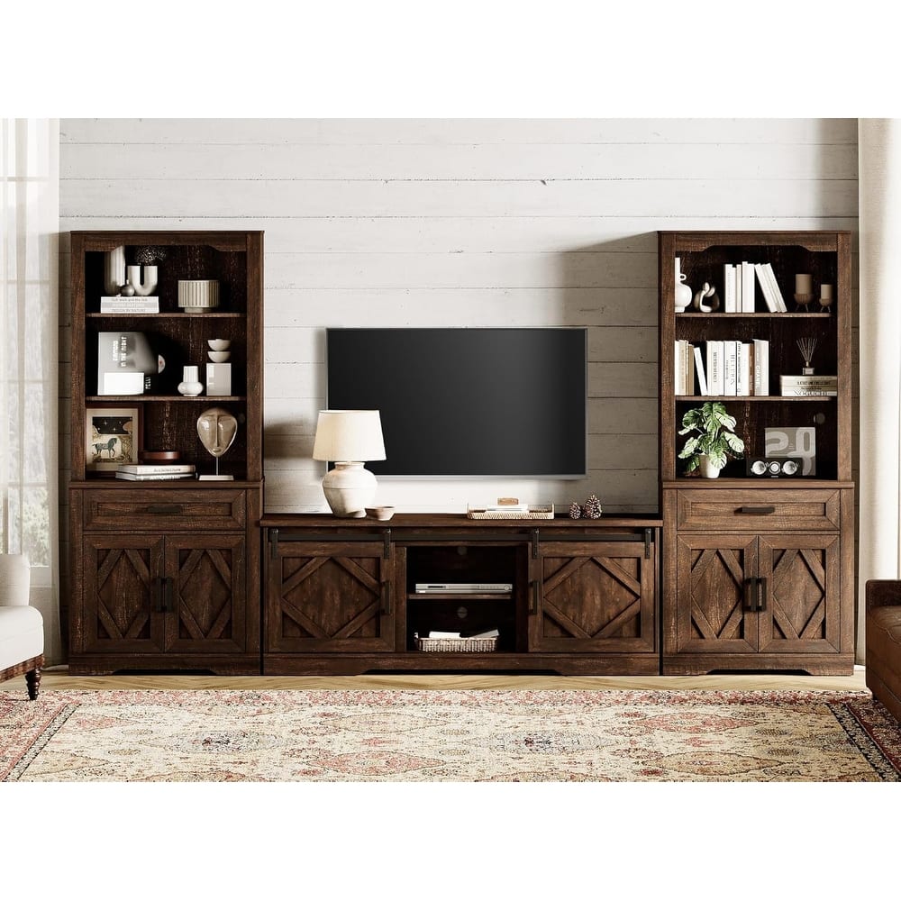 Modern Farmhouse TV Stand with Bookcase for 65" 75" TV with Barn Door for Living Room, Bedroom & Home Office