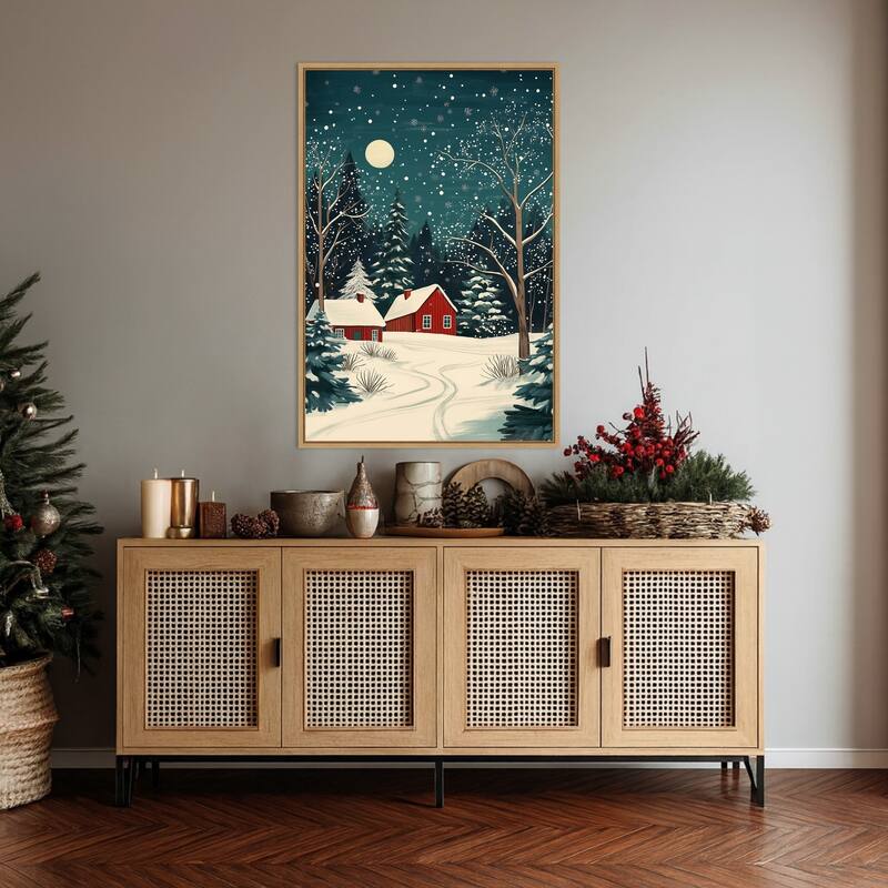 Red Houses and Snowy night sky by Pictufy Studio Framed Canvas Wall Art Print - Sylvie Natural