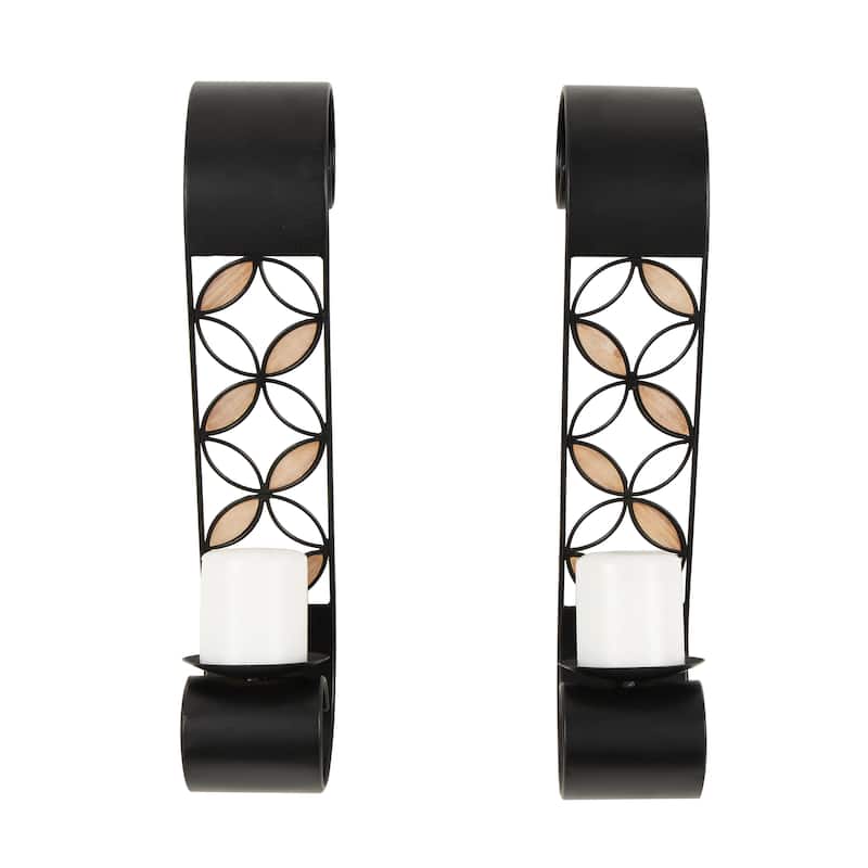 Metal Scroll Wall Sconce with Floral Patterns and Wood Accents - Set of 2 Black - Roche River Decor - 6"W x 4"L x 20"H