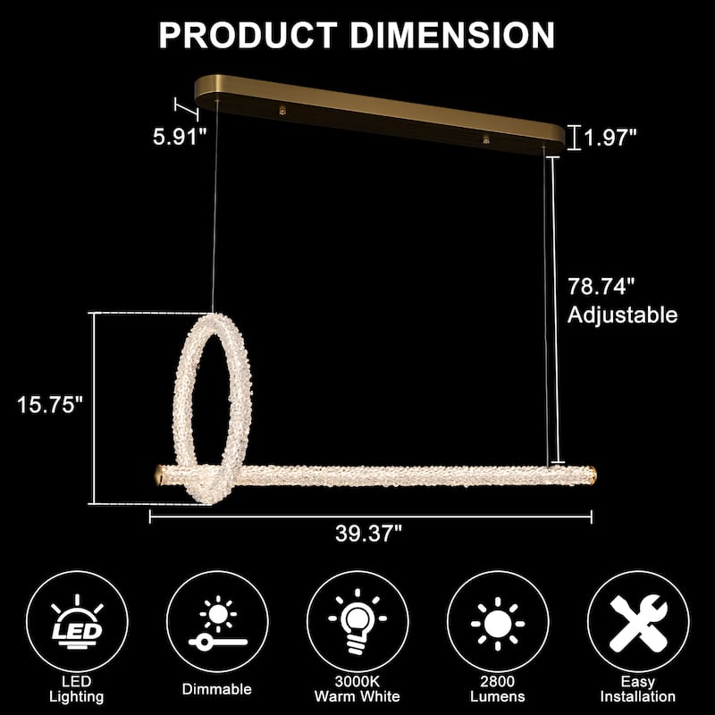 Modern Gold Crystal Ring Linear LED Chandelier, Dimmable - W39.37-in