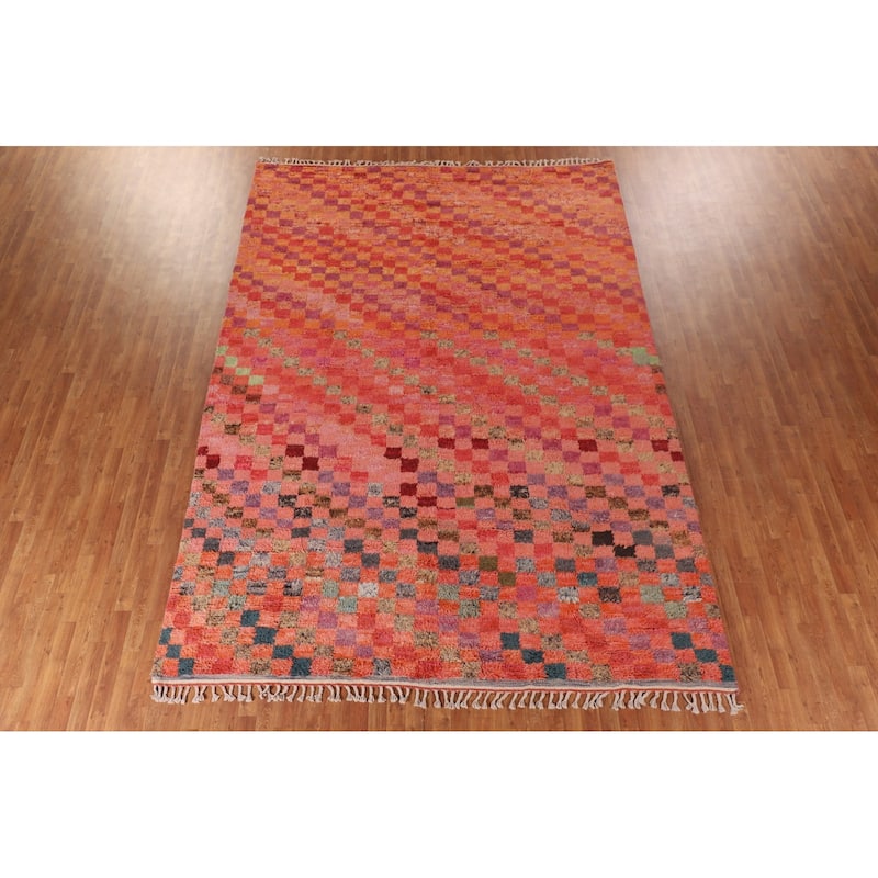 Coral Checkered Moroccan Area Rug Hand-Knotted Wool Carpet - 8'11" x 12'7"