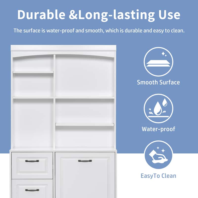Roomfitters Bathroom Cabinet with Tilt-Out Hamper Adjustable Shelves Drawers and Tall Freestanding MDF Tower, White