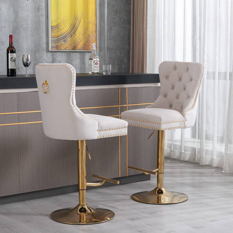 Modern Golden Swivel Velvet Barstools with Adjustable Height, Tufted Design for Kitchen and Pub - Set of 2