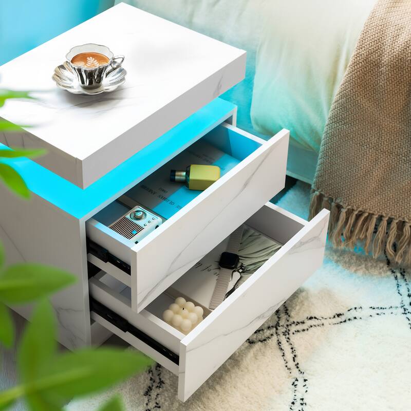 Modern LED Nightstand with Adjustable Lights and 2 Storage Drawers, White Stone