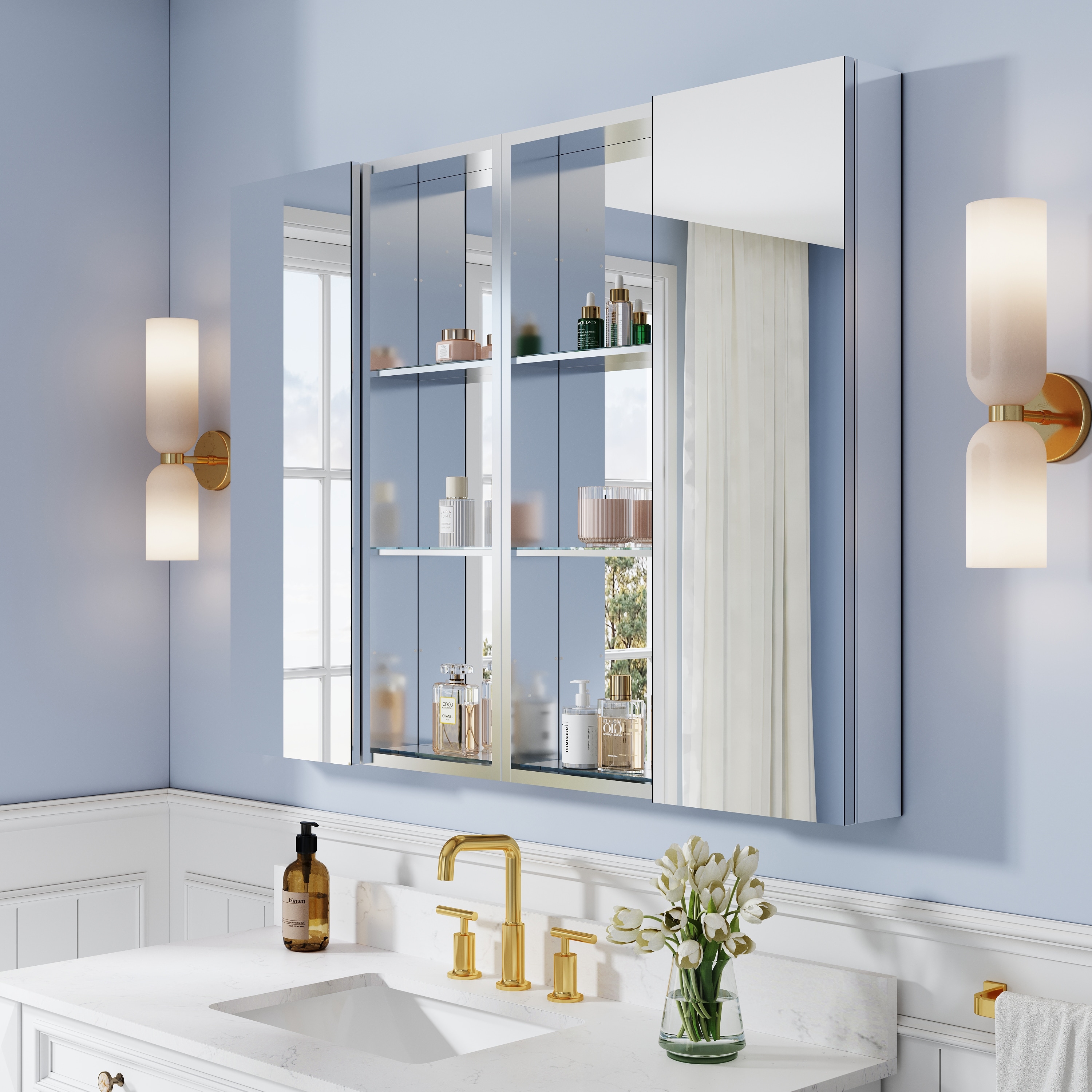 48''/56''/64''/72''W X 36" H Recessed or Surface Wall Mount Aluminum Bathroom Mirror Medicine Cabinet And Open Shelves Combo