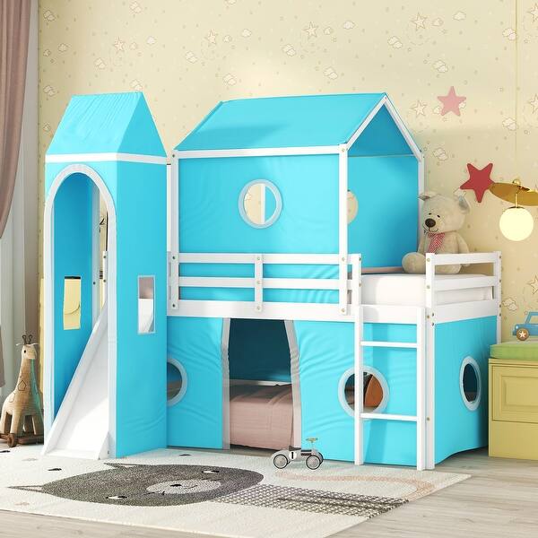 slide 2 of 9, Twin Size Castle-Themed Bunk Bed with Wooden Frame, Tent & Tower Blue