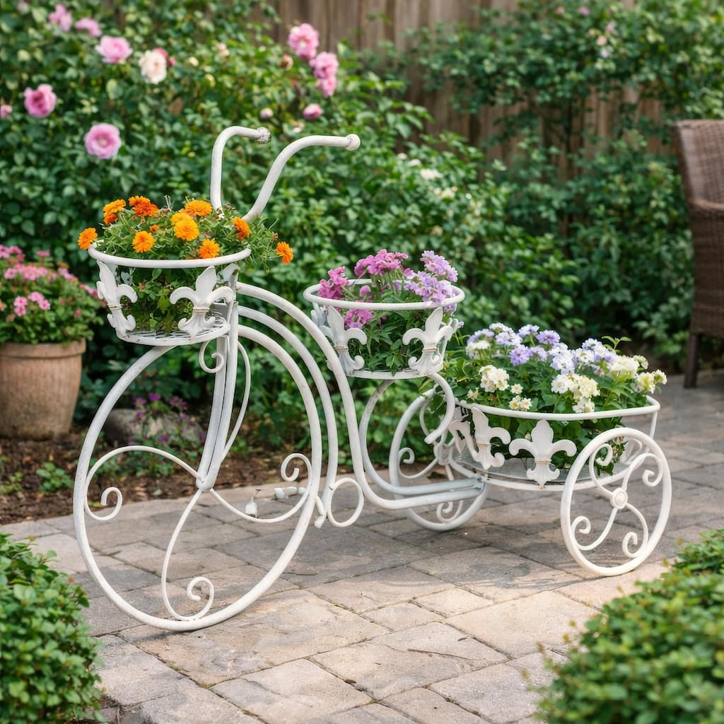 Outdoor Plant Stand, Tricycle Shape, Scrollwork, 30 Inch White Metal