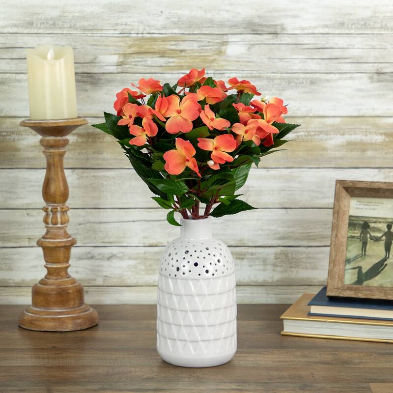 New Guinea Impatiens Artificial Bush Spray - 13.75" - Salmon Pink