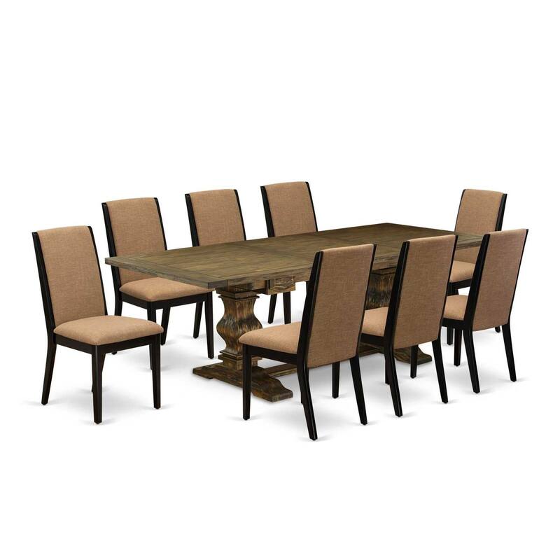 9-Piece Dining Room Table Set with Chairs - Linen Fabric Parsons Chairs & Wood Table - Distressed Jacobean Finish