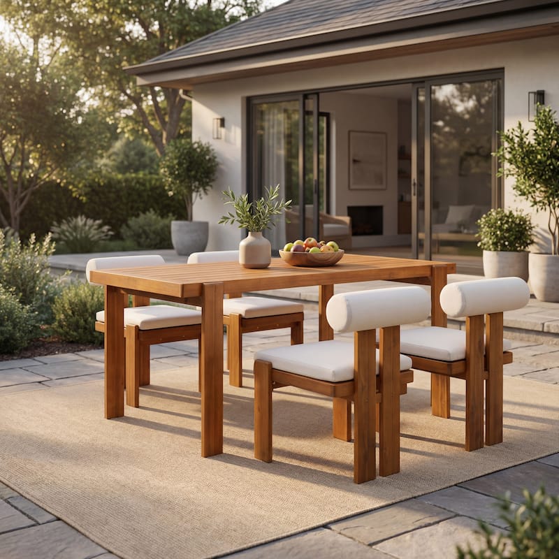 Christopher Knight Home - Ardena Modern Solid Wood Outdoor Dining Set with Round Back Cushioned Chairs - Beige - 5-Piece