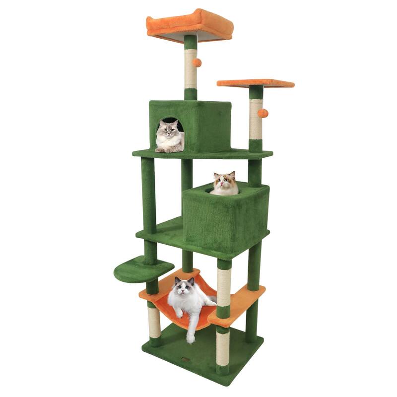 Costway 70” Cat Tree for Indoor Cats with Padded Top Perch, Dual - See Details - Green