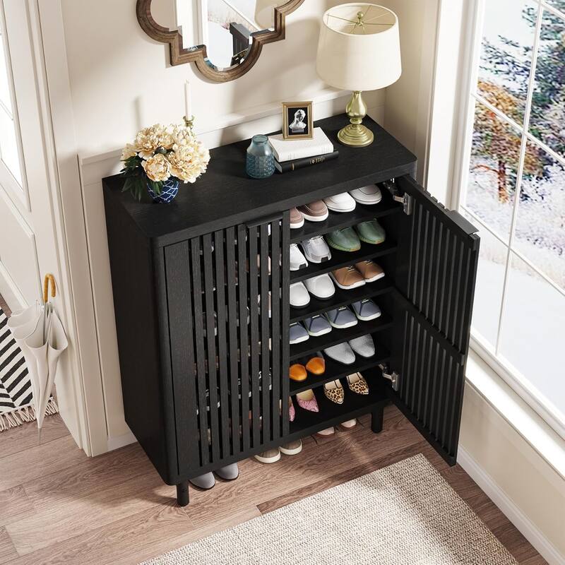 33" Modern Black Wooden 6-Tier Shoe Cabinet with Louvered Doors