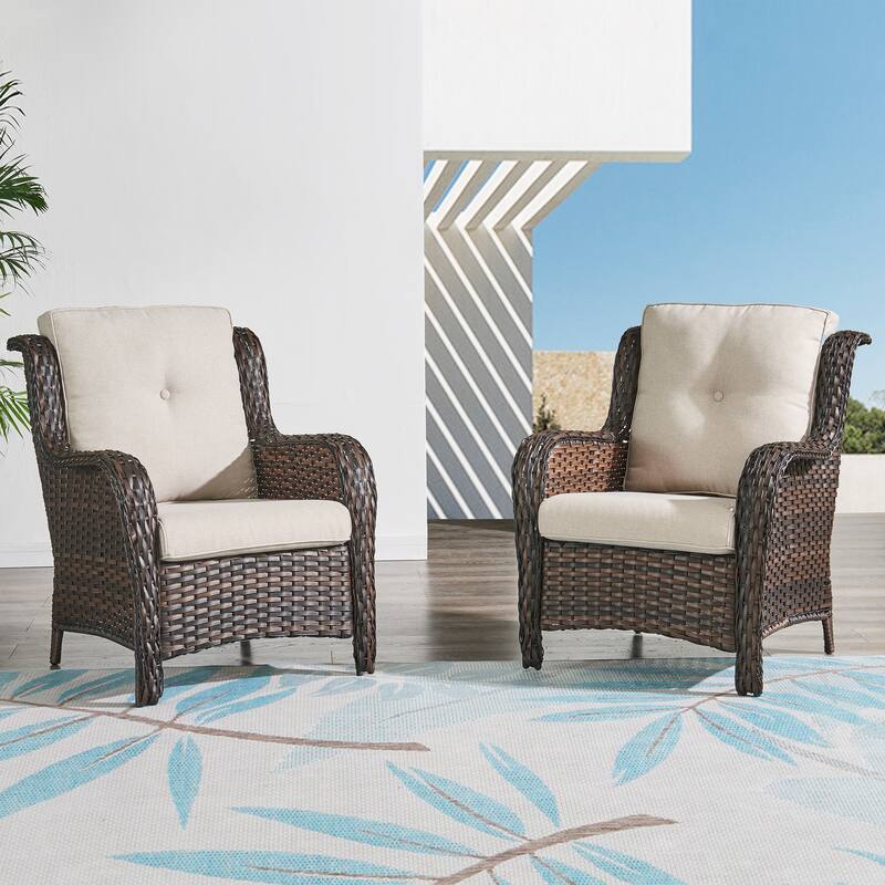 Outdoor Wicker High Back Club Chair with Cushions (Set of 2) - Brown/Beige